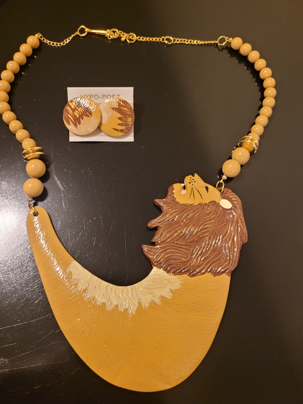 Lion Statement Bib Necklace with Matching Wooden Earrings - Mustard & Brown